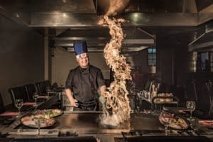 Teppanyaki, Japanese chef with fire
